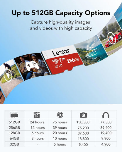 Lexar E-Series 256GB Micro SD Card, microSDXC UHS-I Flash Memory Card with Adapter, 100MB/s, C10, U3, A1, V30, Full HD, 4K UHD, High Speed TF Card
