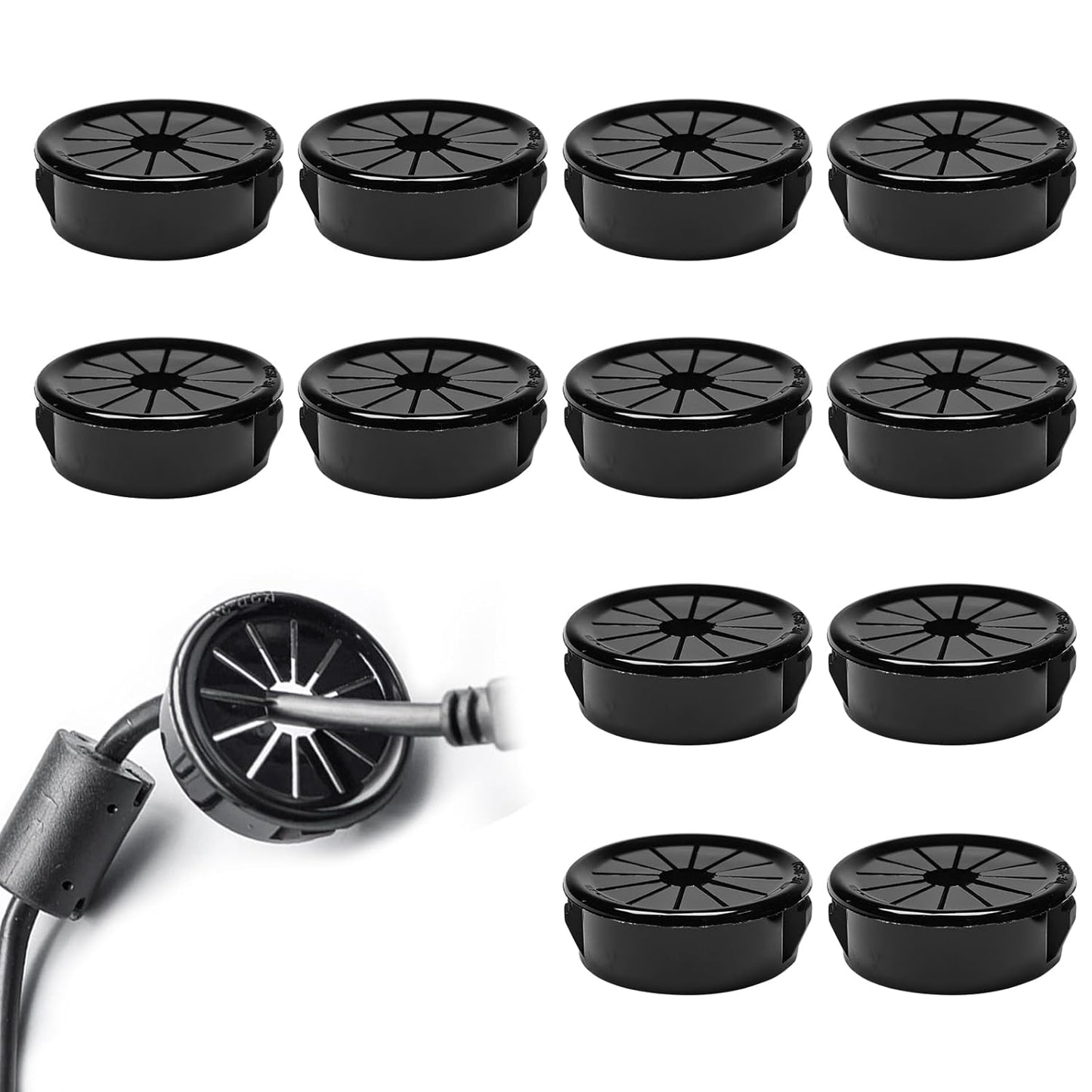 12 Pcs Cable Grommet, Snap Bushing 1-3/16" (30 mm) Mounting Diameter, Flexible Petal-Shaped Buckle Round Nylon Desk Grommet for Wires Through Countertop Cord Organizer and Protection, Black