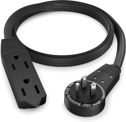 Maximm Cable 2 Ft 360° Rotating Flat Plug Extension Cord, 16/3 AWG Multi 3 Outlet 3-Prong Grounded Wire- Black - UL Certified