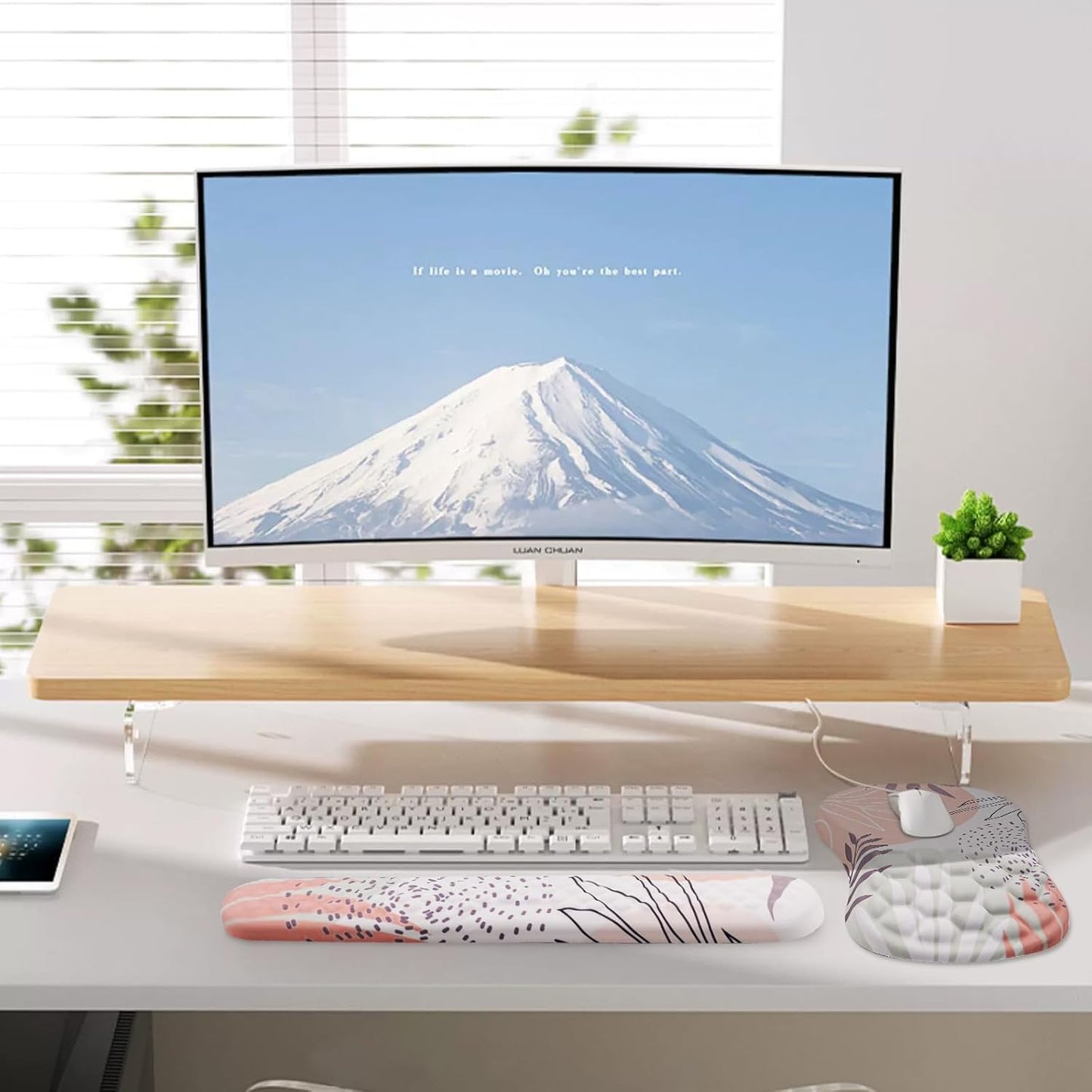 Mouse Pad Wrist Support, 2 in1 Keyboard Wrist Rest+ Ergonomic Mouse Pad, Non-Slip Wrist Rest for Computer Keyboard, Made Easy Typing & Relieve Wrist Pain（Leaf