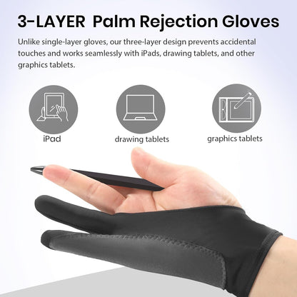 Digital Drawing Glove: 3-Layer Palm Rejection, Two-Finger Artist Glove for Drawing Tablet, iPad, Paper Sketching, Fits Left and Right Hand, Includes Cleaning Cloth(2 Pack,Black,Small)