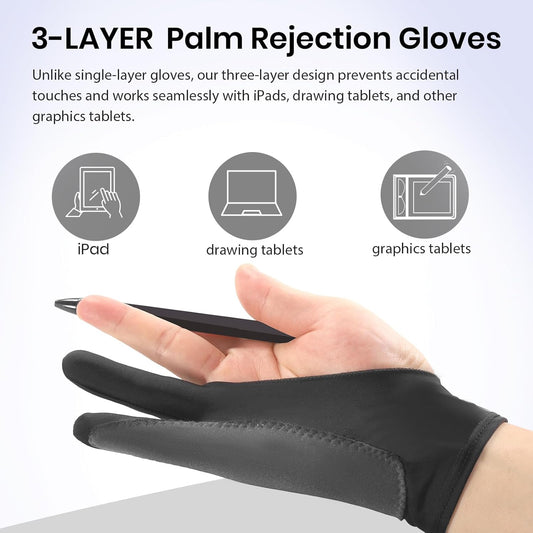 Digital Drawing Glove: 3-Layer Palm Rejection, Two-Finger Artist Glove for Drawing Tablet, iPad, Paper Sketching, Fits Left and Right Hand, Includes Cleaning Cloth(2 Pack,Black,Large)