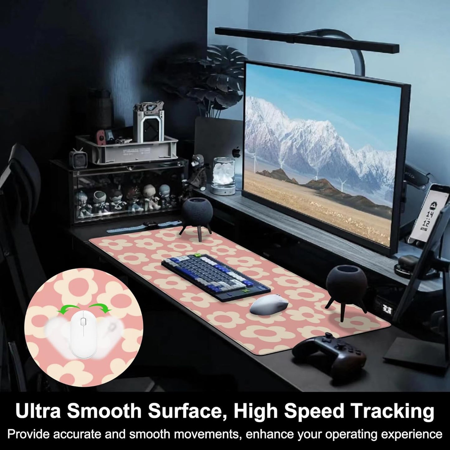 Mouse Pad, Large Pink Groovy Flowers Desk Mat, Extended Non-Slip Gaming Keyboard Mousepad Desk Pad, Thick Stitched Edges Waterproof Mouse Mat 31.5"x15.7" (Vintage Floral)