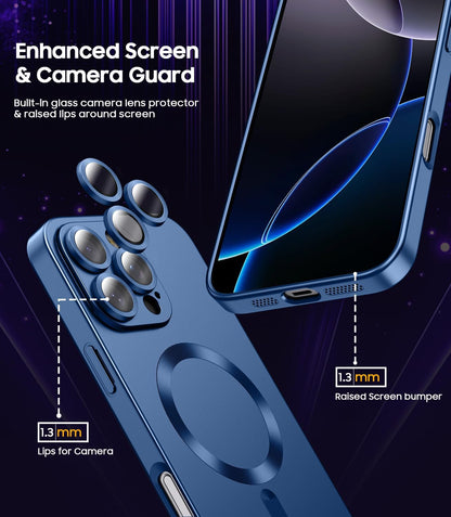 Magnetic for iPhone 16 Pro Max Case [Compatible with MagSafe][Built-in Camera Lens Protector] Slim Soft Silicone Bumper Shockproof Metallic Luster Phone Case (Blue)