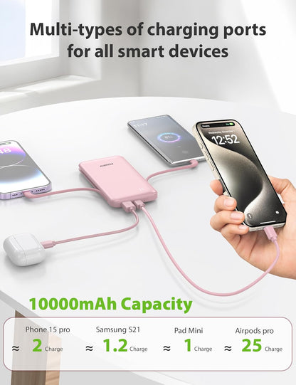 Alongza Portable Charger Built-in Cables and AC Wall Plug, Slim Fast Charging Power Bank 10000mAh, Lightweight USB C External Battery Pack Compact Travel Cell Phone Charger