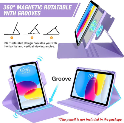 BLUTLOTUS for iPad 11th (A16) 10th Generation Case with Keyboard (2025/2022) - 360° Rotatable Magnetic Folio Cover, 7 Color Backlit Detachable Keyboard with Pencil Holder (Purple)