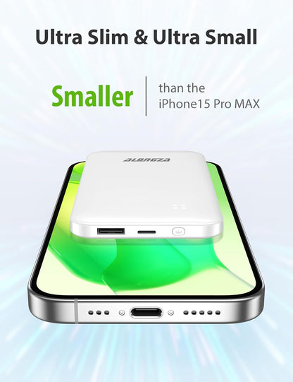 Alongza Portable Charger Built-in Cables and AC Wall Plug, Slim Fast Charging Power Bank 10000mAh, Lightweight USB C External Battery Pack Compact Travel Cell Phone Charger