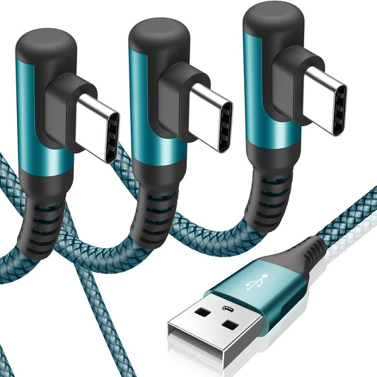 sweguard USB C Cable Right Angle [3Pack, 10FT+6.6FT+3.3FT], USB Type C iPhone 16 Charger Cable Nylon Braided Cord for iPhone 15 16 Pro Max Plus, Samsung Galaxy S25 S24 S23 S22 S21 S10 Note 20 10,Moto,