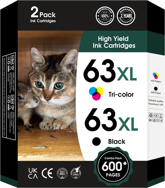63XL Ink Cartridges Black and Color Replacement for HP Ink 63 XL 63xl Black Ink Cartridge Work with HP63 3830 4650 4652 4655 5200 5252 5255 5258 4520 4512 1112 2132 3630 3632 Printers 2PK