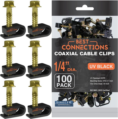 BEST CONNECTIONS Coaxial Cable Clips with Pre-Inserted Screw (2,500 Pack) – Black Single Cable Mounting Clamps for Coax Cable (RG6, RG59) and Ethernet Cable – Cord Fastener/Strain Relief Clip
