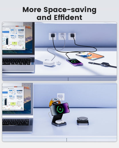 3-in-1 Wireless Charger for iPhone,15W Fast Wireless Charging Station Compatible with Mag-Safe Charger,Magnetic Foldable Travel Charger Stand Nightstand for iPhone 16/15/14/13/12,Apple Watch&AirPods