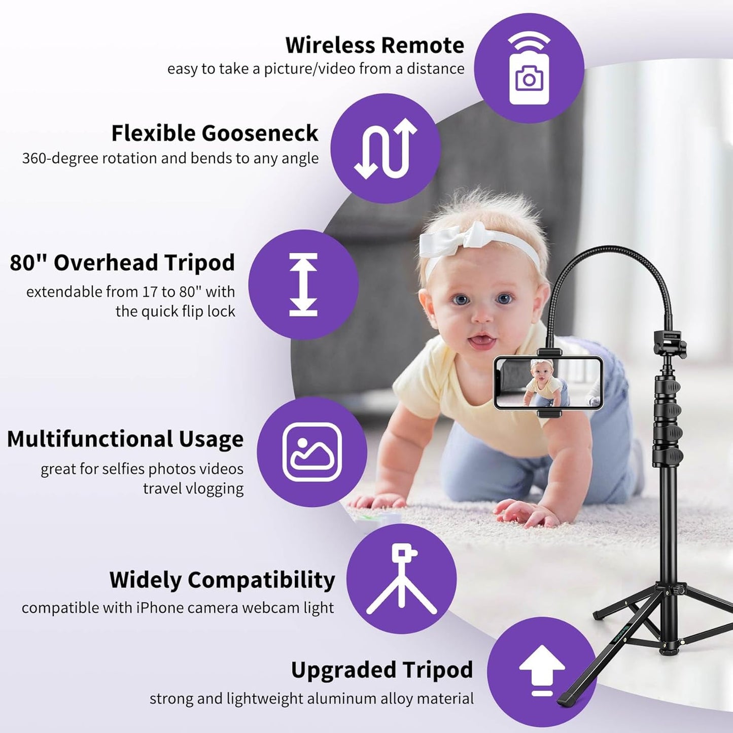80" Phone Tripod, Selfie Stick Cellphone Tripod, Aluminum Tripods Stand for Video Photo Vlog, Travel Tripods with Gooseneck Remote Phone Holder, Compatible with iPhone Android Smartphone