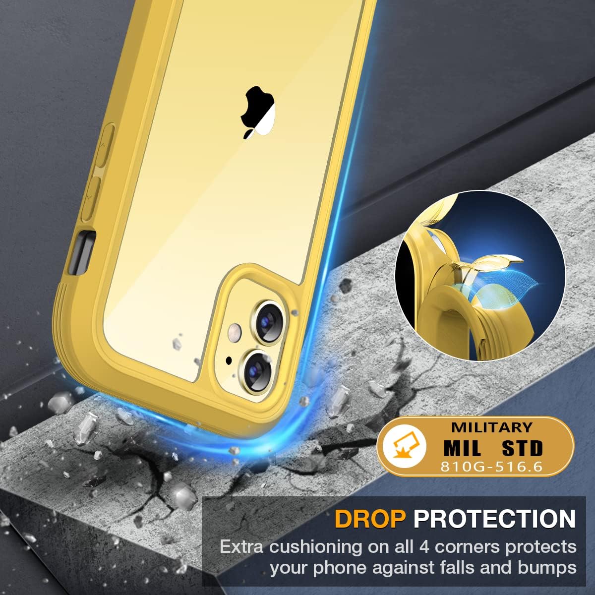 Miracase Glass Series for iPhone 11 Case 6.1 inch, Upgraded Full-Body Rugged Phone Bumper Case Cover with Built-in 9H Tempered Glass Screen Protector and Camera Protector, Yellow