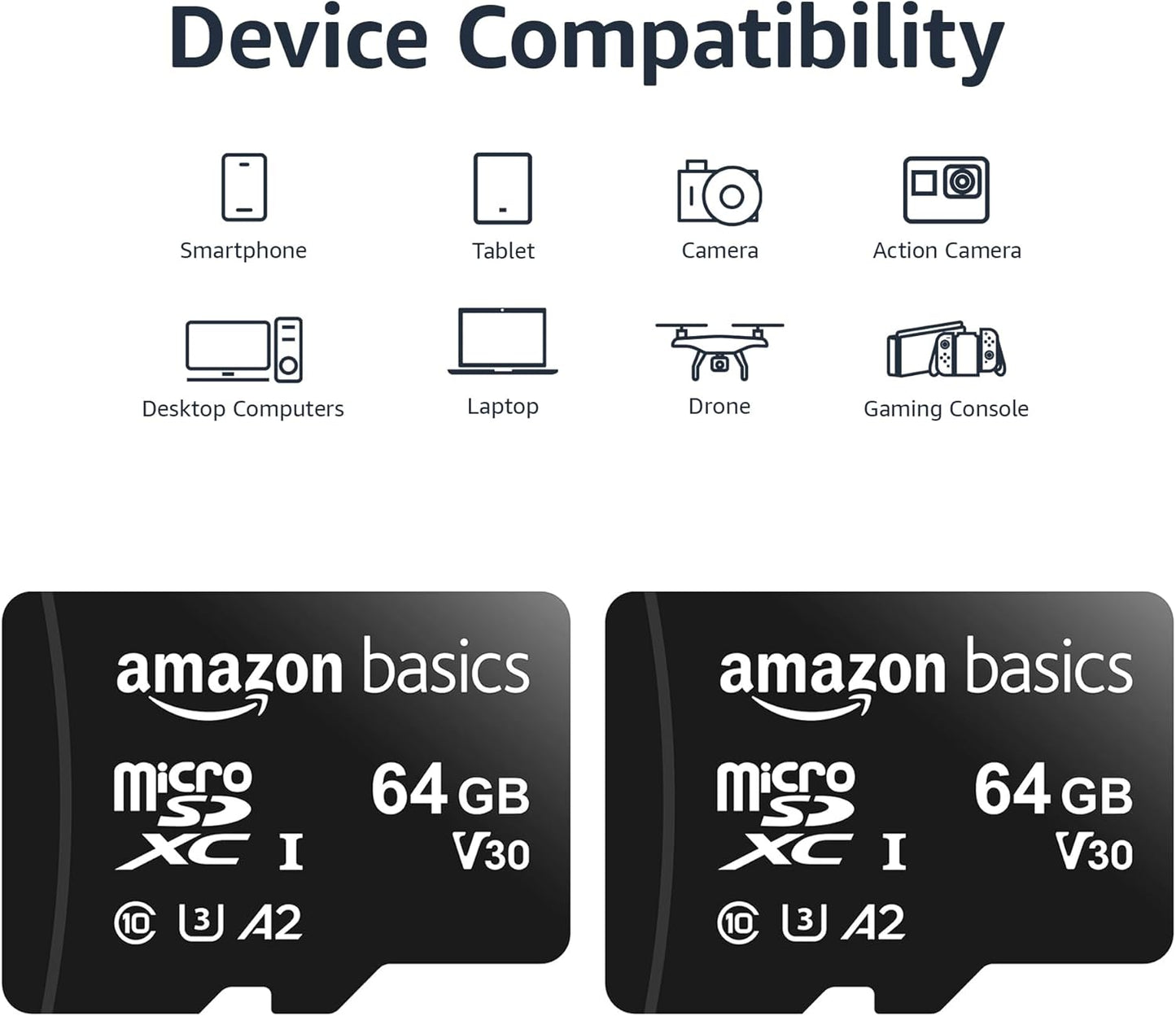Amazon Basics MicroSDXC UHS-I Class 10 Memory Card with Full Size Adapter, A2, U3, V30, 4K, Read Speed up to 100 MB/s, 64 GB (2pack), for GoPro Cameras Storage, Black