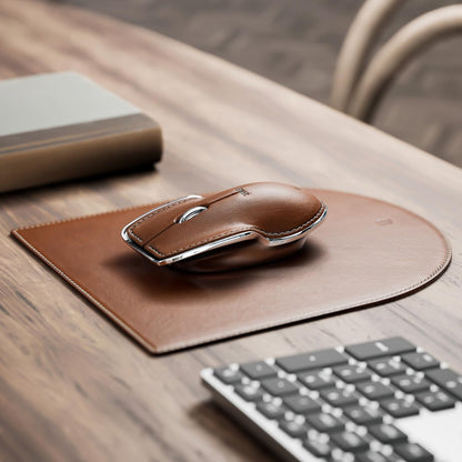 LUNAR ARTEFACTS Ambidextrous Rechargeable Bluetooth Wireless Computer Mouse Brown French Leather and Aluminum, Qi Enabled USB-C