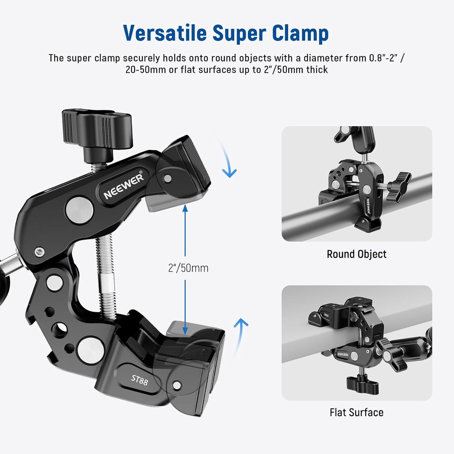 NEEWER Super Clamp with 3" Dual Ballhead Magic Arm, Camera Phone Clamp Mount with 1/4" 3/8" Threads, Cold Shoe, Phone Holder, Action Camera Adapter Compatible with GoPro DJI iPhone 16 15 Pro Max, ST88