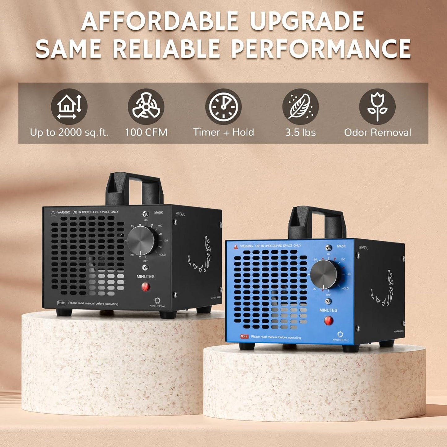 Airthereal MA5K Ozone Generator for Home, Ozone Air Ionizer Odor Eliminator with 120-Min Timer, Lightweight Design, Odor Removal for Car, Smoke, Pets, Basements, Covers Up to 2,000 Sq. Ft., Blue