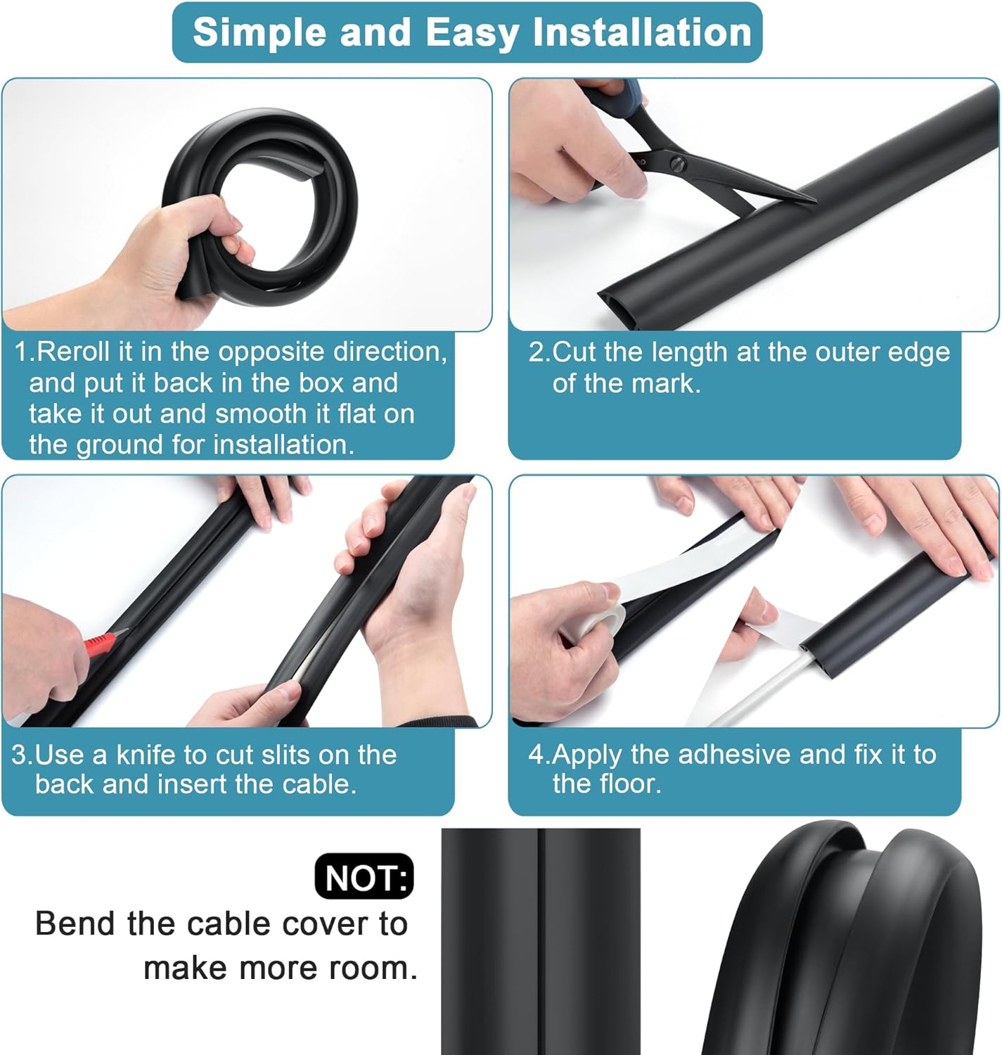 8.5FT Black Cord Cover Floor, Cord Protector, Floor Extension Cable Cover, Soft PVC Wire Covers - Cord Cavity: 0.7" (W) x 0.4" (H)