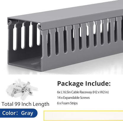 ZhiYo 99in(6X L16.5in) Professional Server Rack Cable Management Raceway, H2in x W2in Cable Raceway Kit, Electrically Safe PVC Open Slot Wire Raceway for Under Desk/Computer/Network Cords, Grey