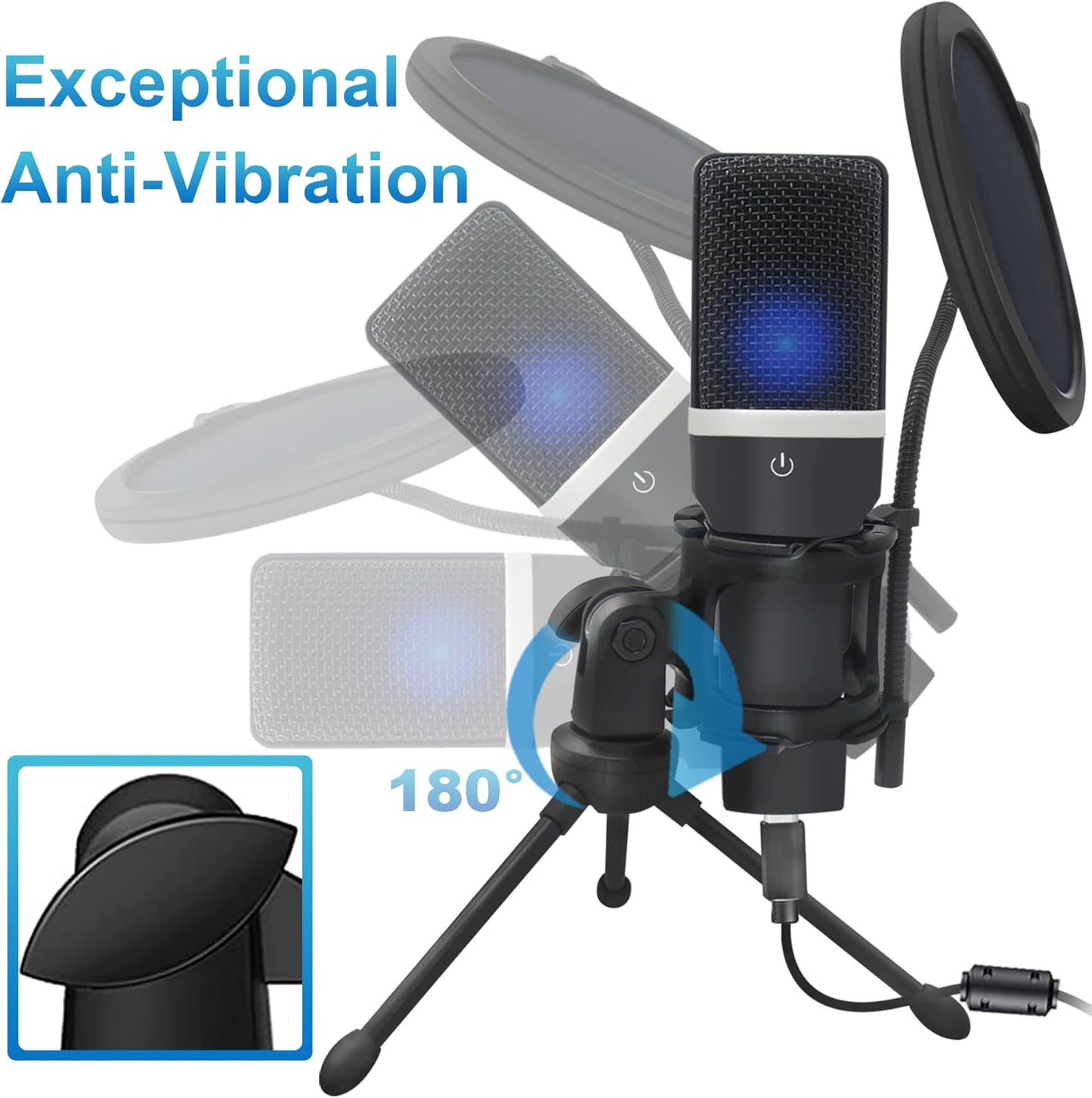 USB Gaming Microphone, Condenser Microphone, Podcast Microphone for PC, Plug & Play, Cardioid Polar Pattern, One-Touch Mute, for Streaming, Podcast, YouTube Videos