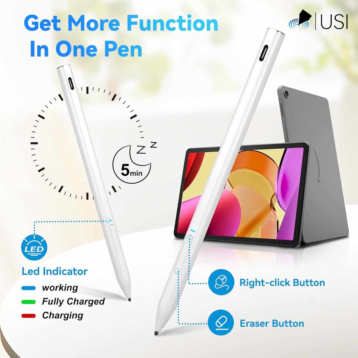 USI 2.0 Stylus Pen for Chromebooks with Fast Charging, Palm Rejection Stylus Pen for Chromebooks Acer Spin,ASUS Flip,Lenovo Duet/IdeaPad/Flex,Amazon Fire Max 11/Fire HD 10, Google Pixel, White