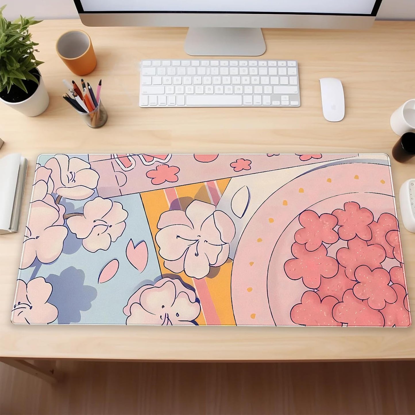 Pink Floral Mouse Pad XXL Cute Anime Gaming Desk Mat 31.5"x15.7", Thickened Rubber Base, Stitched Edge & Washable Design for Women, Office, Home