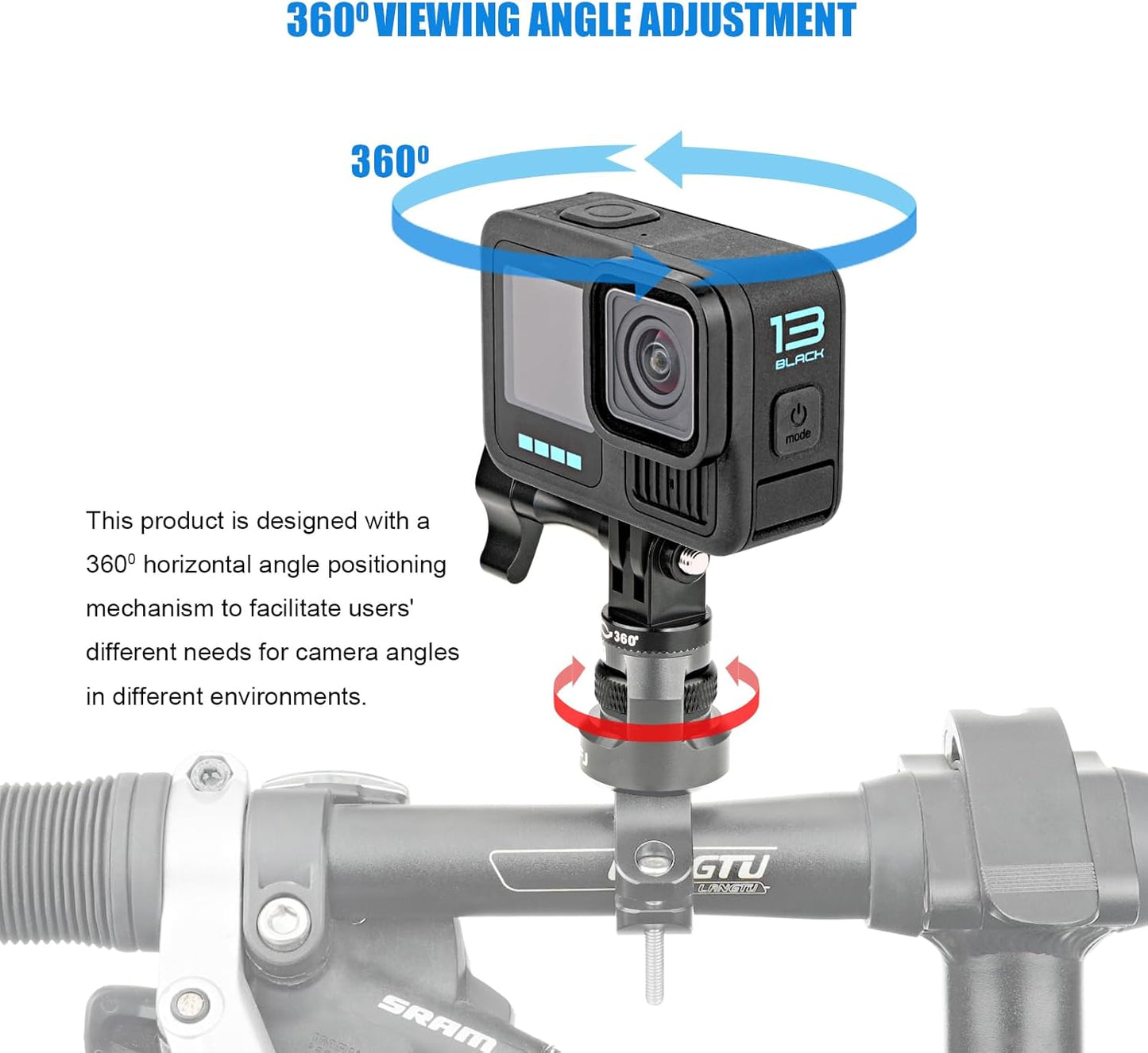 Bike Handlebar Mount for GoPro, 360 Degree Aluminium Alloy Motorbikes Round Tube Mount for Hero 13/12/11/10/9/8 and Other Action Cameras