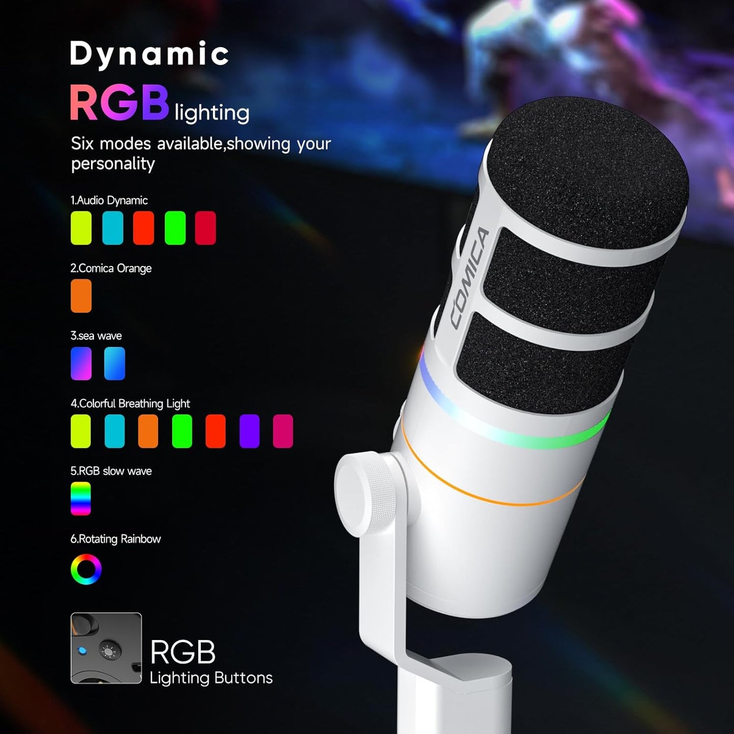 COMICA EJoy D10(D) USB Gaming Microphone – RGB Dynamic Mic with Noise Cancellation, XLR/USB-C, Real-Time Monitoring, Muting, Professional Studio Mic for Gaming, Streaming, Podcast, Recording (White)
