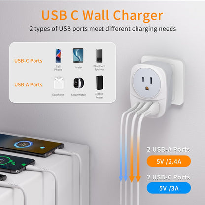 2 Pack Italy Travel Power Adapter, Italy Travel Plug Adapter with 2 USB and 2 USBC Ports, L-Shaped 3-Pin Ground Plug for USA to Italy Uruguay Chile Rome