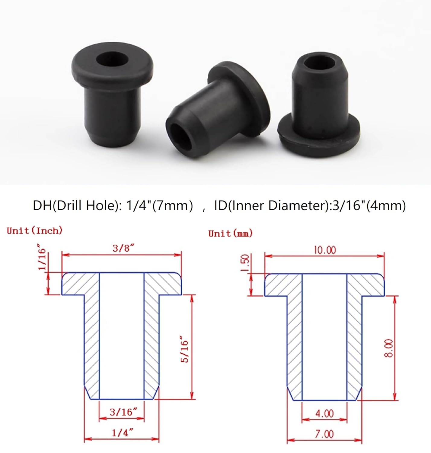 30 pcs 1/4" Drill Hole，3/16" ID Black Silicone Top hat Rubber Grommets for Wiring，Automotive，Firewall，Hole Plug，Desk，Screw，Water and Gas Pipe，Drain，House Siding，Cable Bushing，Glass，Wire Plug