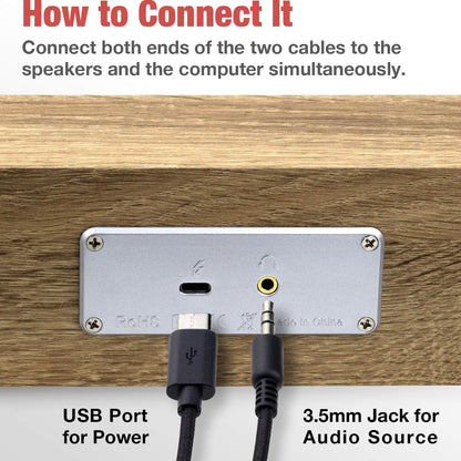 MICA Computer Speakers, Wired Computer Sound Bar, Wooden Mini Soundbar, USB Powered PC Speakers 3.5mm AUX & PC Input (Yellow)