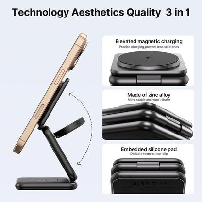 3 in 1 Charging Station for Apple Multiple Devices, Zinc Alloy Foldable Travel Wireless Charging pad for Mag-Safe Wireless Charger Stand for iPhone 16 15 14 13 12 Apple Watch Airpods