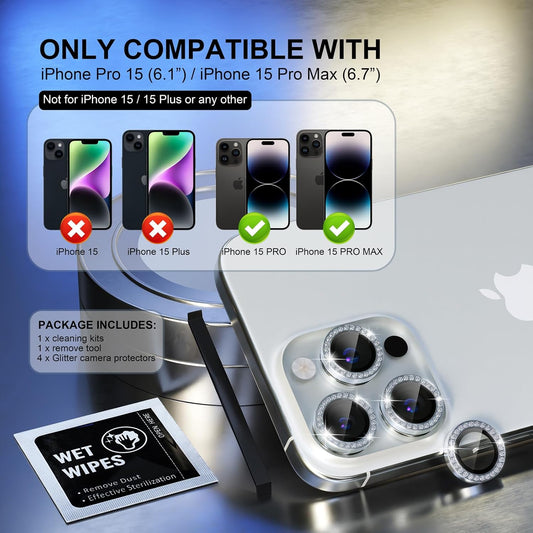 Choiche Compatible for iPhone 15 Pro/iPhone 15 Pro Max Camera Lens Protector Bling, 9H Tempered Glass Camera Cover Screen Protector Metal Ring Decoration Accessories (Diamond-Silver)
