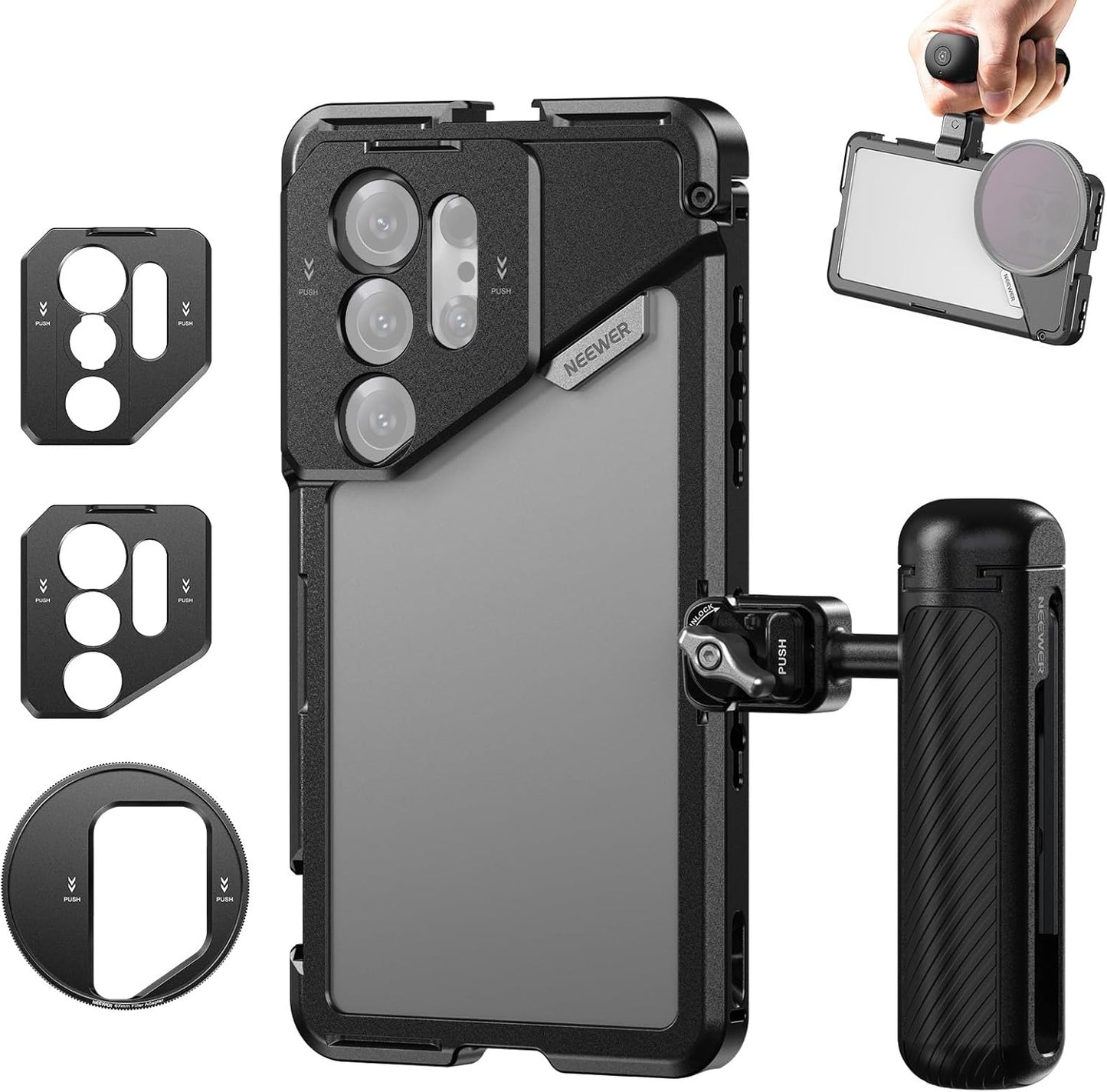 NEEWER S25 Ultra Phone Cage, PA082 Mobile Video Rig Phone Stabilizer for Video Recording with PA045E Bluetooth Side Handle, 67mm Filter Adapter, 17mm Lens Backplate & T Mount Compatible with Moment