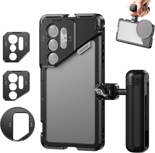 NEEWER S25 Ultra Phone Cage, PA082 Mobile Video Rig Phone Stabilizer for Video Recording with PA045E Bluetooth Side Handle, 67mm Filter Adapter, 17mm Lens Backplate & T Mount Compatible with Moment