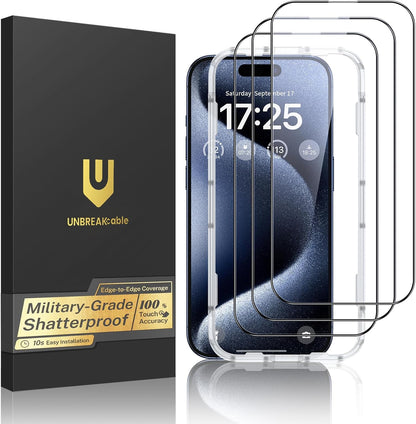 UNBREAKcable 3-Pack Screen Protector for iPhone 15 Pro Max, Double Shatterproof Tempered Glass [Easy Installation Frame] [HD Clear] [9H Hardness] [Full Coverage] for iPhone 6.7 inch