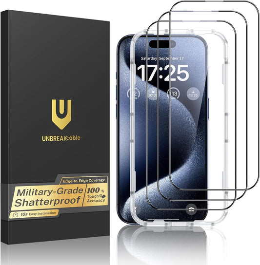 UNBREAKcable 3-Pack Screen Protector for iPhone 15 Pro Max, Double Shatterproof Tempered Glass [Easy Installation Frame] [HD Clear] [9H Hardness] [Full Coverage] for iPhone 6.7 inch