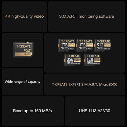 TEAMGROUP T-Create Smart A2 2TB Micro SDXC U3 V30 4K R/W Speed up to 160/150 MB/s High Speed Flash Memory Card for Creators, Compatible with GoPro, Insta360 TTCS2TIA2V3003