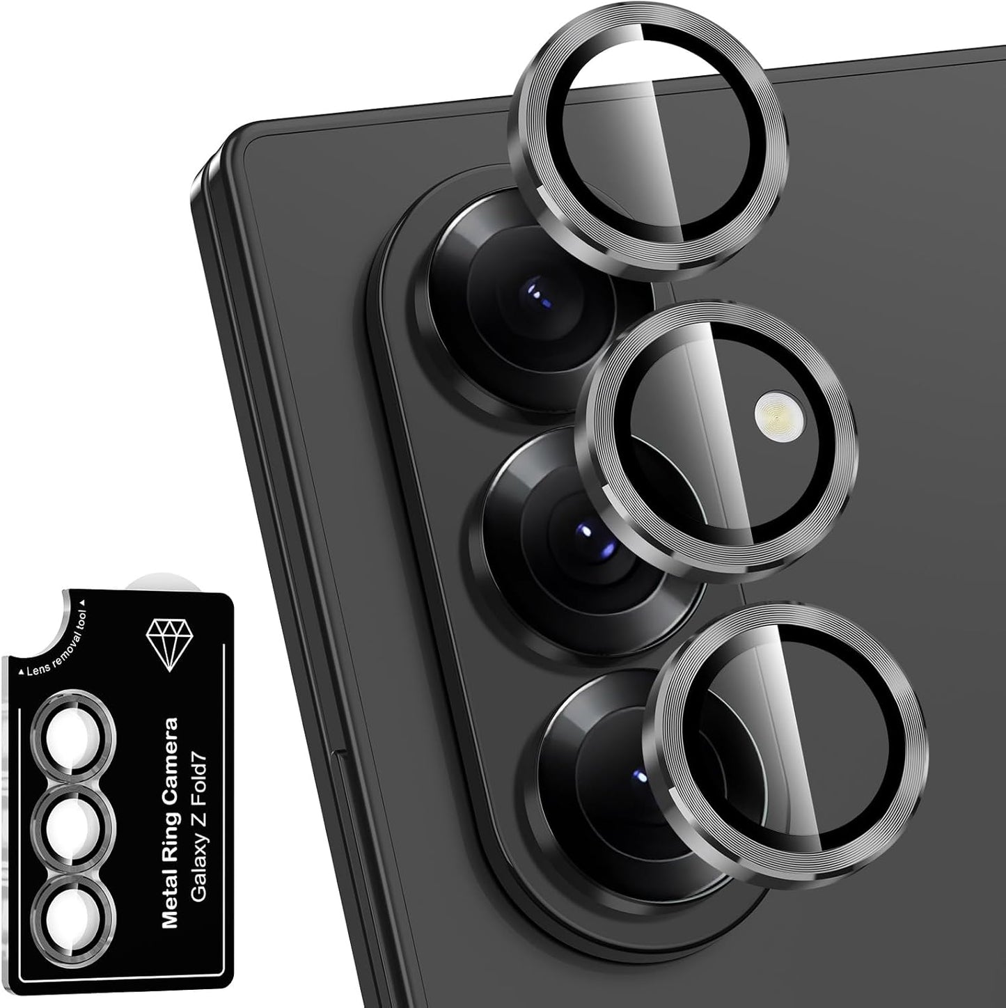 for Samsung Galaxy Z Fold 7 Camera Lens Protector, Individual Metal Ring Tempered Glass Lens Cover, [Strong Adsorption] Scratch Resistant Ultra-Thin HD Clear Lens Cover, 1 Set-Black