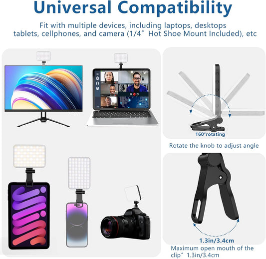 60 LED Portable Selfie Light Video Conference Lighting with Clip & Camera Tripod Adapter Rechargeable 2200mAh CRI 97+, 3 Light Modes for Phone iPhone Webcam Laptop Photo Makeup