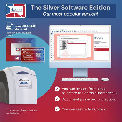 Bodno Magicard Pronto ID Card Printer & Complete Supplies Package ID Software - Silver Edition