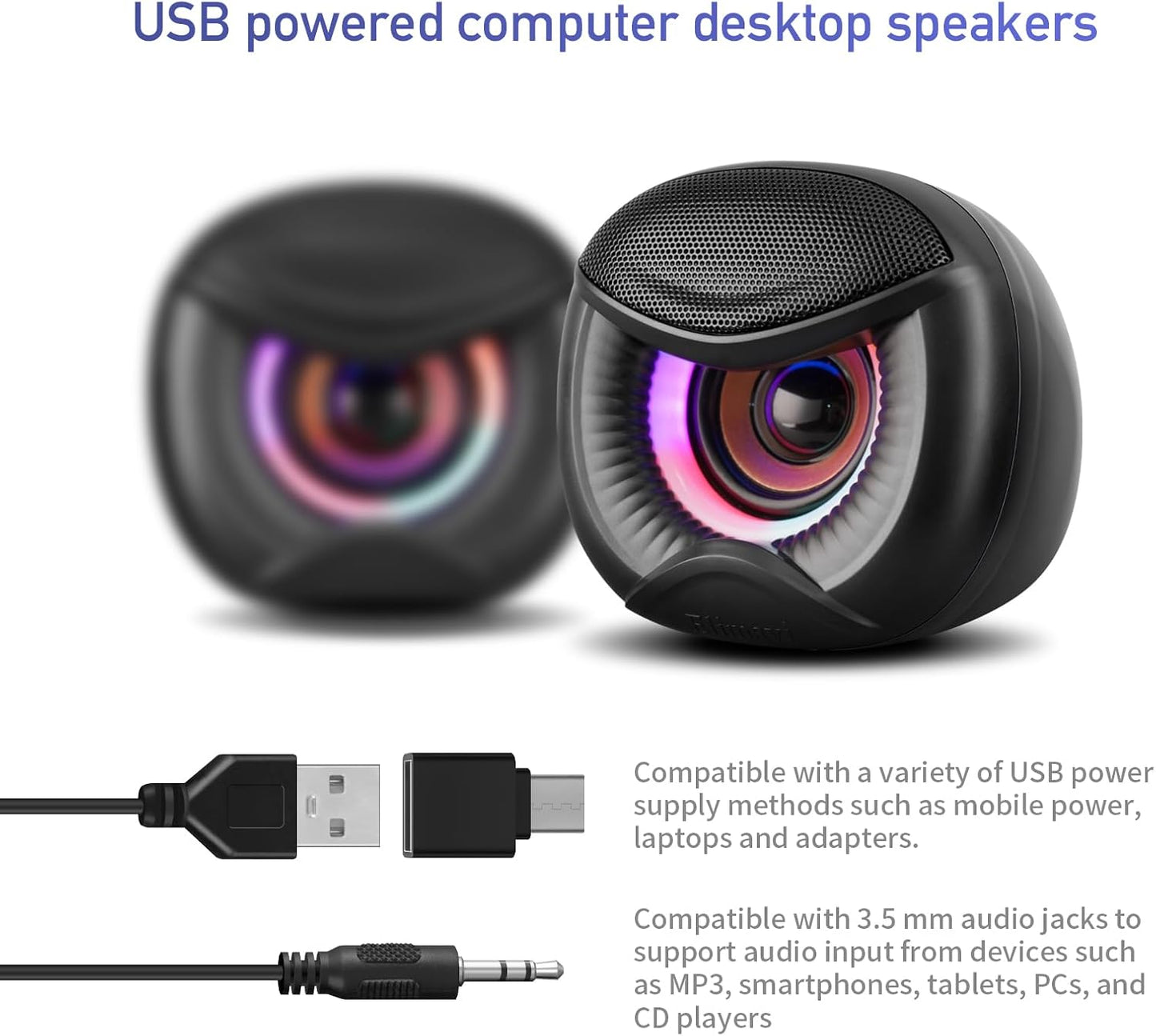 USB Powered Computer Speakers with RGB Colorful Lighting 2.0 Stereo Sound System, Headphone Jack, Plug and Play, Works with PC/Laptop (USB-C Adapter Included)