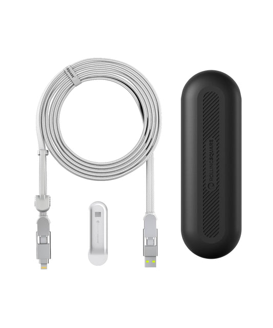 Rolling Square inCharge XL 6-in-1 Multi Charging Cable, Portable USB and USB-C Cable with 100W Ultra-Fast Charging Power, 10 Ft/3m, Glacier White