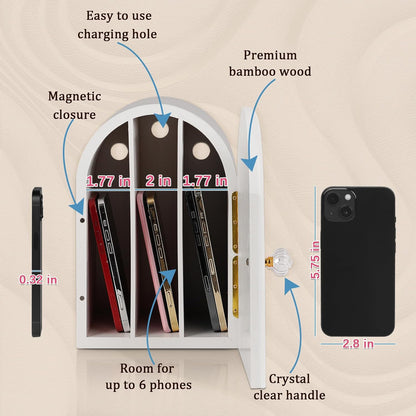 Phone Box for Family Time, Bamboo Cell Phone Jail, 3 Sections Hold 6 Phones, with Charging Holes, Phone Holder Self-discipline Box, Help Kids Adults Focus Back, Mobile Phone Addiction (White)