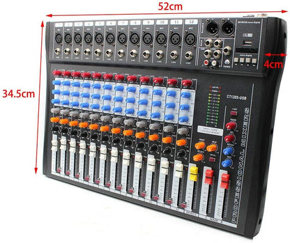 12 Channel Audio Mixer, DJ Soundboard Sound Mixer Console with Xlr, Line Inputs & 48V Phantom Power, Studio Audio Mixer KTV Sound Mixing Console for Professional and Beginners (12-Channel)