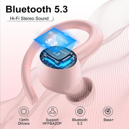 Wireless Earbuds Bluetooth 5.3 Headphones Sports, 48Hrs Playtime Bluetooth Earbuds with CVC 8.0 Mic, 2025 Stereo Bass Over Ear Bud with Earhooks, LED Display, IP7 Waterproof Earphon for Running Rose