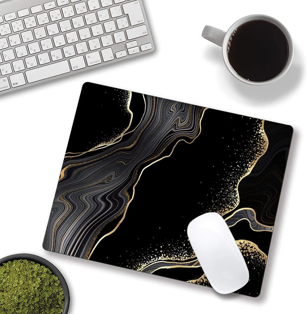 Mouse Pad Marble, Cute Personalized Mouse Pads with Design, Square Washable Cloth Mouse Mat, Gaming Office Home Non-Slip Rubber Base Computer Mousepad, Black Gold Marble