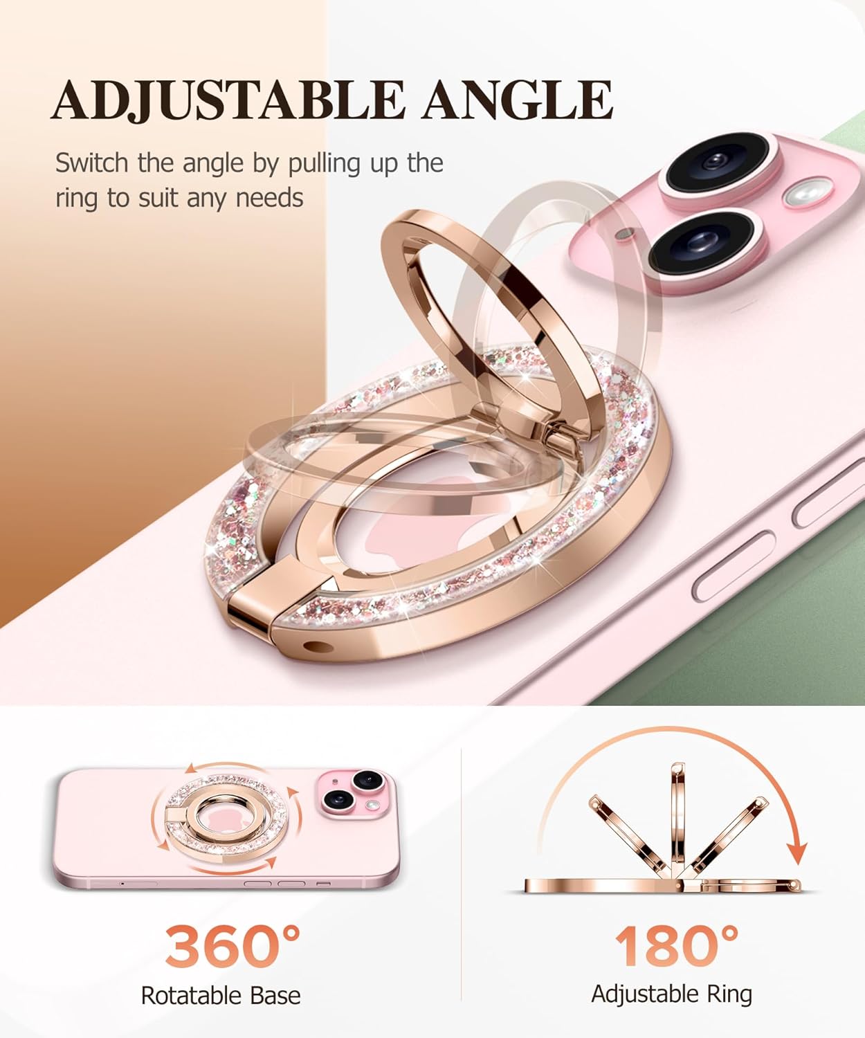 GVIEWIN Magnetic Phone Ring Holder, Compatible with MagSafe Phone Grip with Adjustable Stand, Magnet Phone Ring Kickstand for iPhone 16 Pro Max/Plus/15/14/13/12 Series/Other Phones, Glitter/Pink Gold