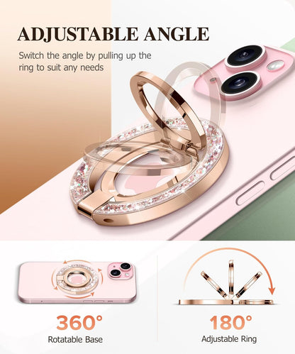 GVIEWIN Magnetic Phone Ring Holder, Compatible with MagSafe Phone Grip with Adjustable Stand, Magnet Phone Ring Kickstand for iPhone 16 Pro Max/Plus/15/14/13/12 Series/Other Phones, Glitter/Pink Gold