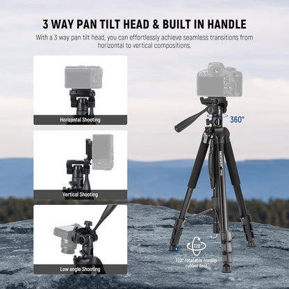 NEEWER Basic 74" Video Tripod Monopod, 3 Way Pan Tilt Head, Remote, Overhead Camera Mount, Horizontal Central Axis, Phone Holder Compatible with iPhone DSLR Telescope Projector, Max Load 17.6lb, TP05